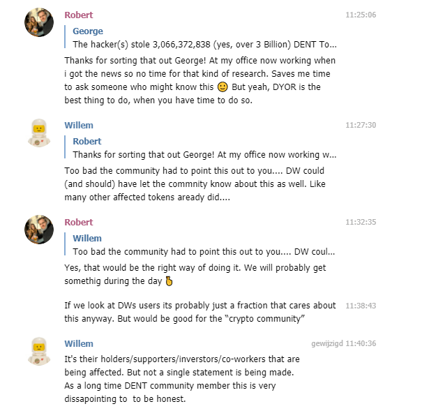 DENT Official TG Chat Group answer about KuCoin Hack 3