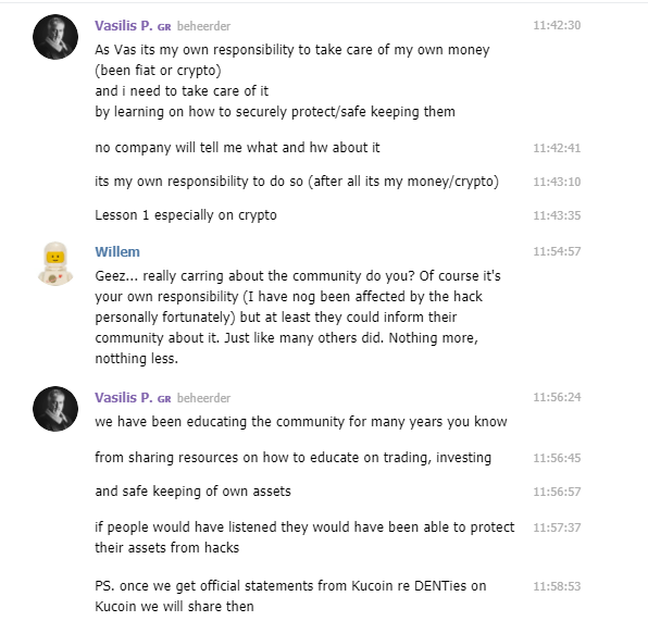 DENT Official TG Chat Group answer about KuCoin Hack 4